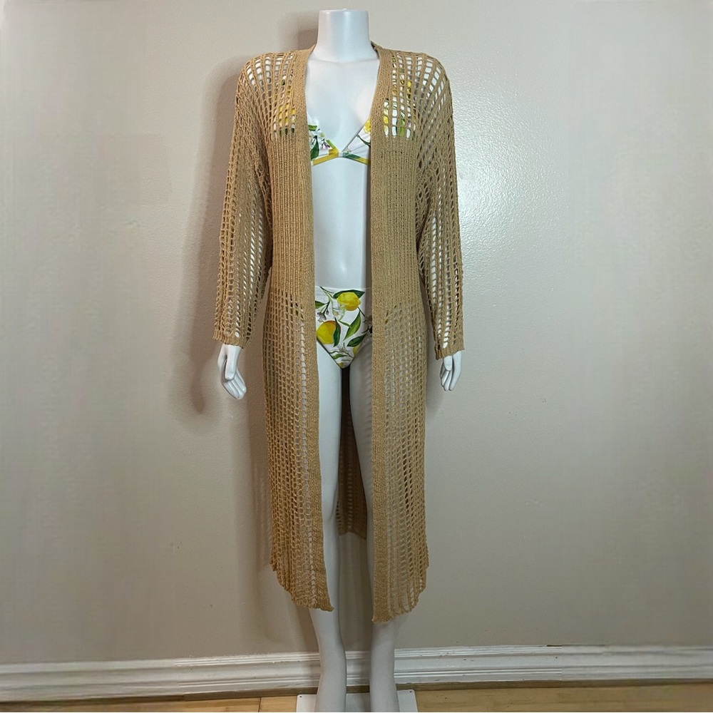 Camel knitted long sleeve beach kimono cardigan cover up